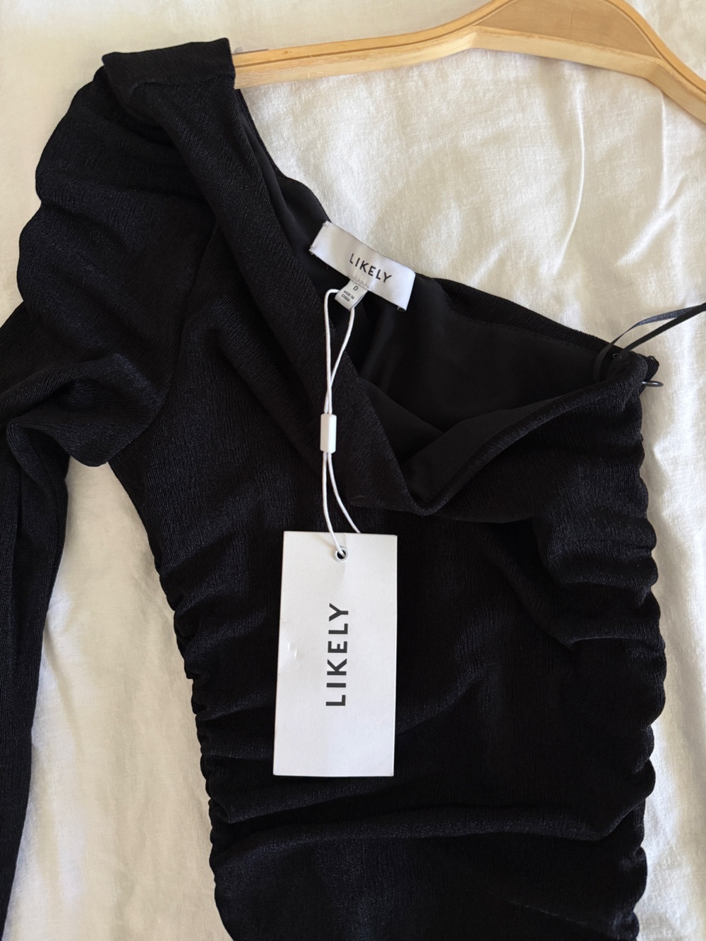 LIKELY Black One-Shoulder Ruched Mini Dress